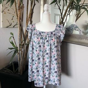 LOFT Blue Floral Square Neck Flutter Sleeve Blouse